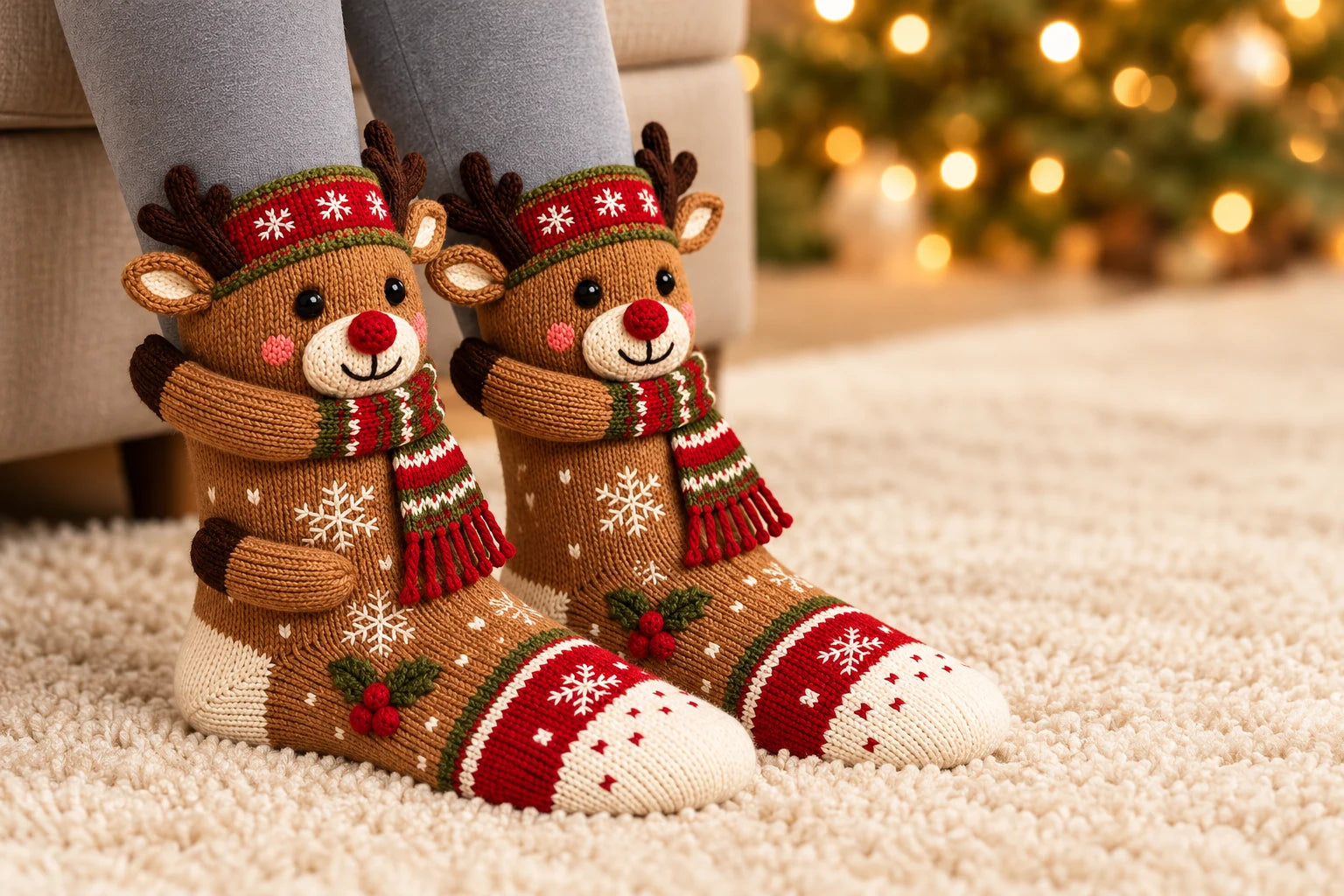 Two matching Reindeer character socks resting on an ivory rug beside a sofa