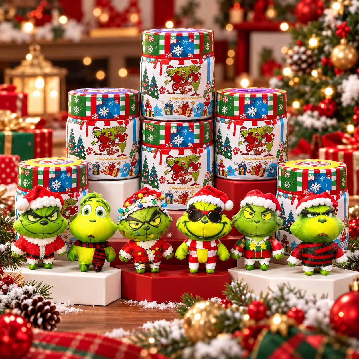 Christmas collectible mystery cans with festive green figures displayed on holiday gift platforms
