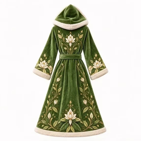 Forest green plush hooded robe with delicate cream floral artwork and gold trim