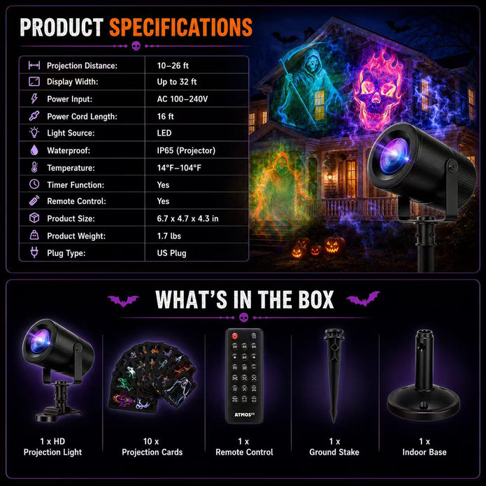 32FT HD Halloween Projector Light – 10 Spooky Patterns