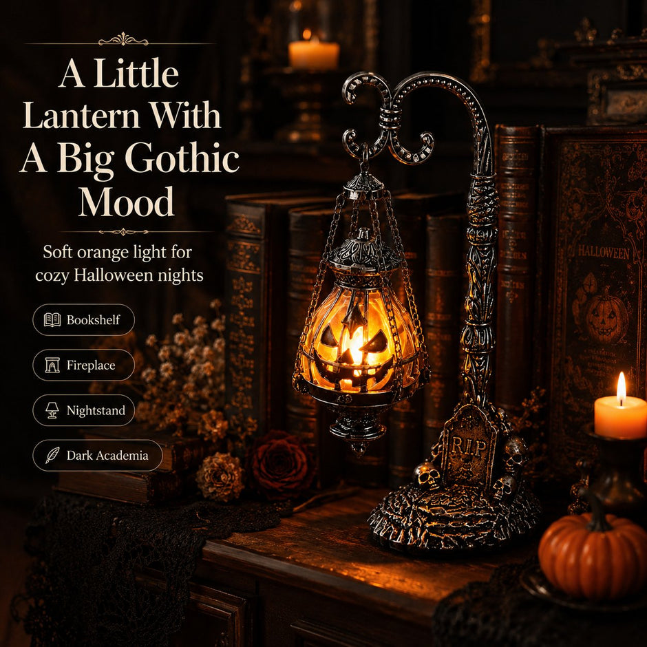 🔥Halloween Promotion -  Gothic Pumpkin Lantern Stand | Warm Orange LED Glow, Victorian Skull Details & Haunted Shelf Decor 🕯️