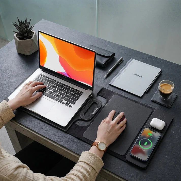 Homegood™ 3-in-1 Wireless Charging Premium Laptop Sleeve – 15W Multi-Device Charging Pad, Built-in Ergonomic Stand & Mouse Pad (Fits up to 16