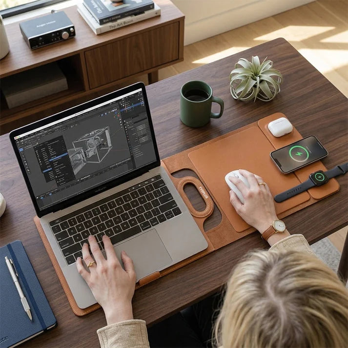 Homegood™ 3-in-1 Wireless Charging Premium Laptop Sleeve – 15W Multi-Device Charging Pad, Built-in Ergonomic Stand & Mouse Pad (Fits up to 16")