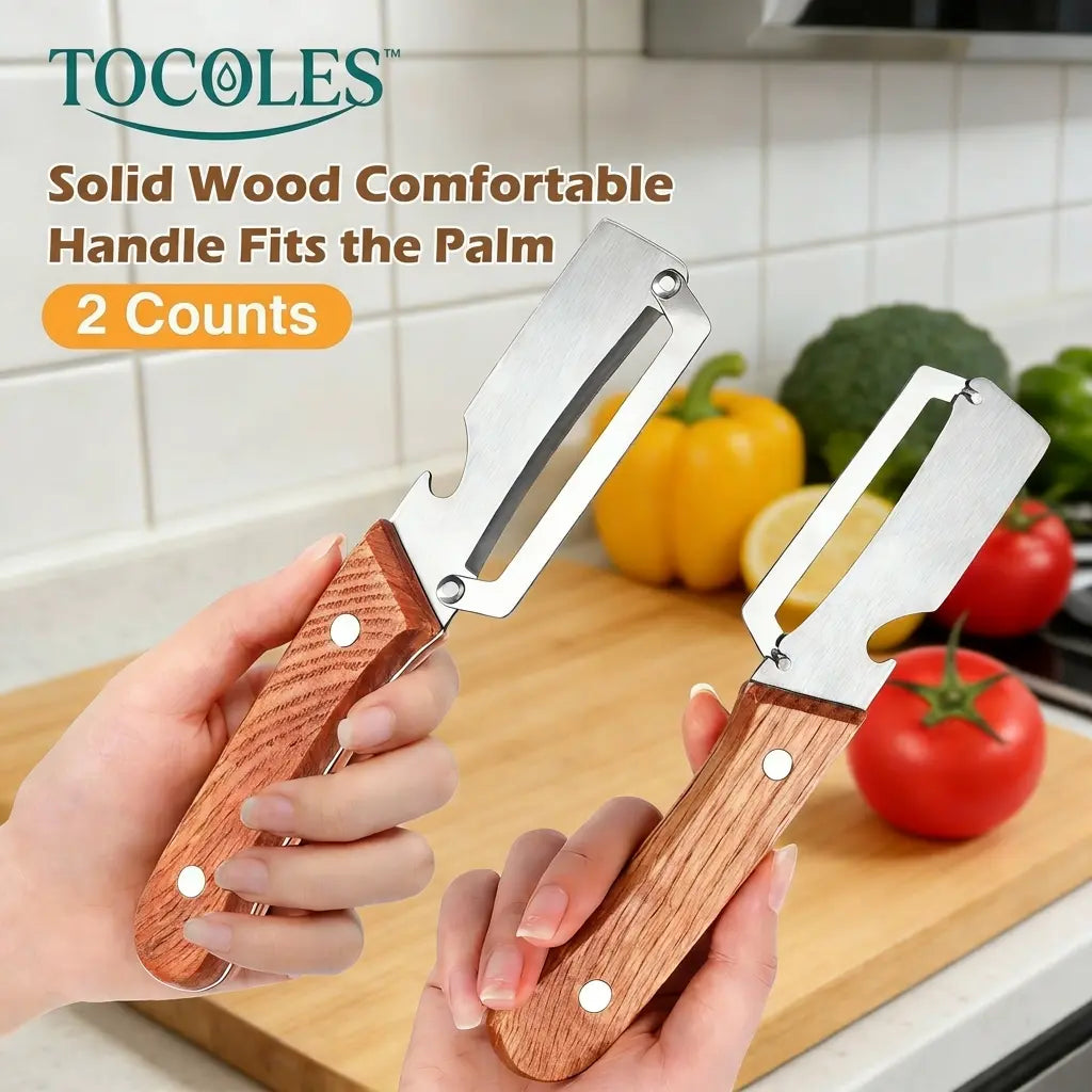 Multi Functional Vegetable Peeler for Kitchen,Wooden Handle, Potato Fruit Peeler with Bottle Opener Function, Durable Kitchen Helper