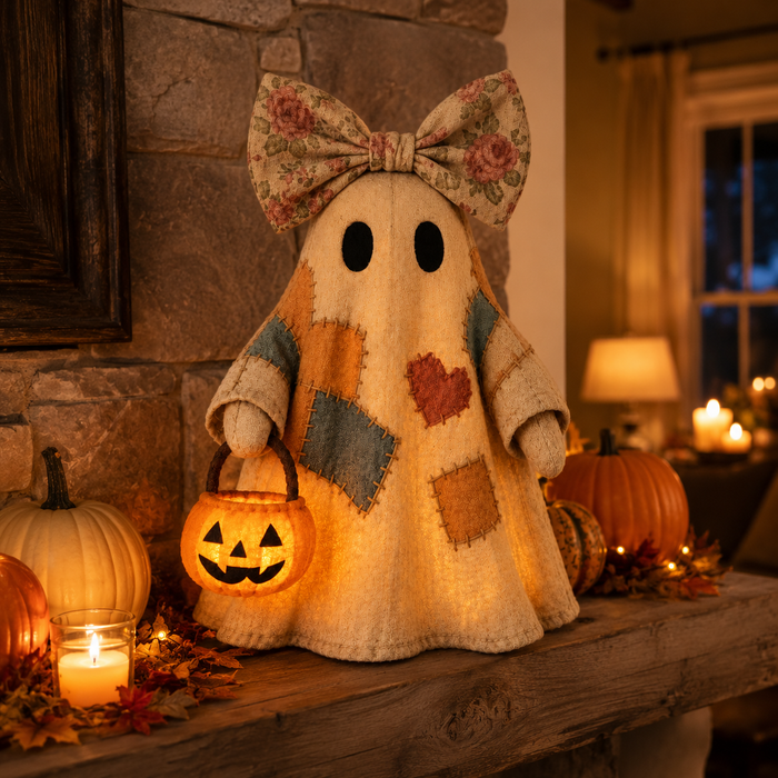 🔥Halloween Promotion -  - 👻🎃 Vintage Patchwork Ghost Decor(✨ LED Pumpkin Lantern}