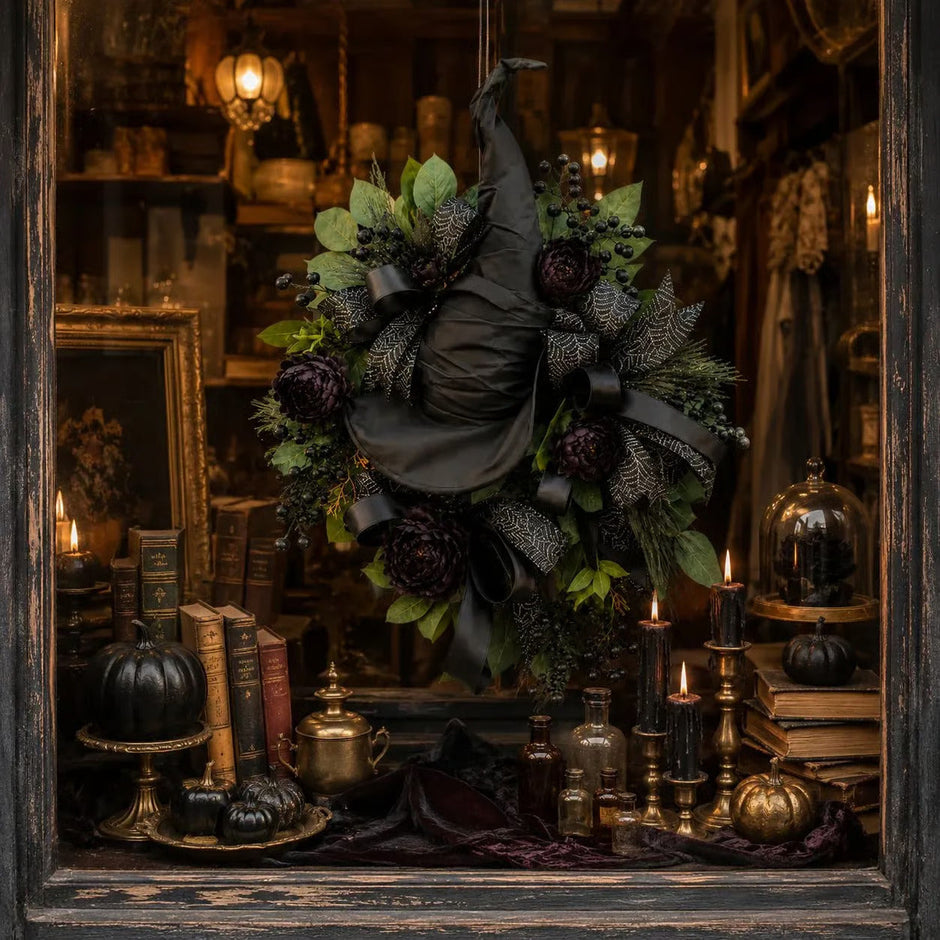 🎉Premium Gothic Black Rose Witch Hat Wreath – Haunting Elegant Halloween Front Door Statement Decor