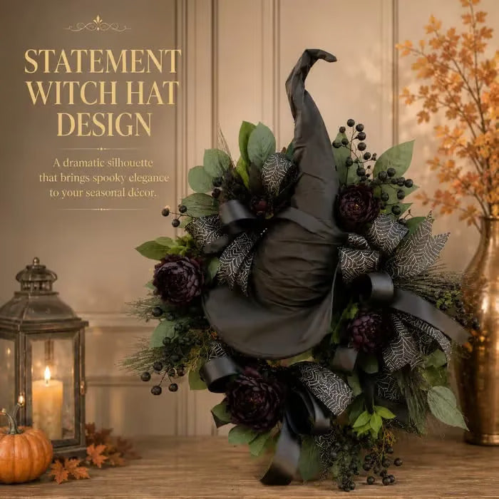 🎉Premium Gothic Black Rose Witch Hat Wreath – Haunting Elegant Halloween Front Door Statement Decor