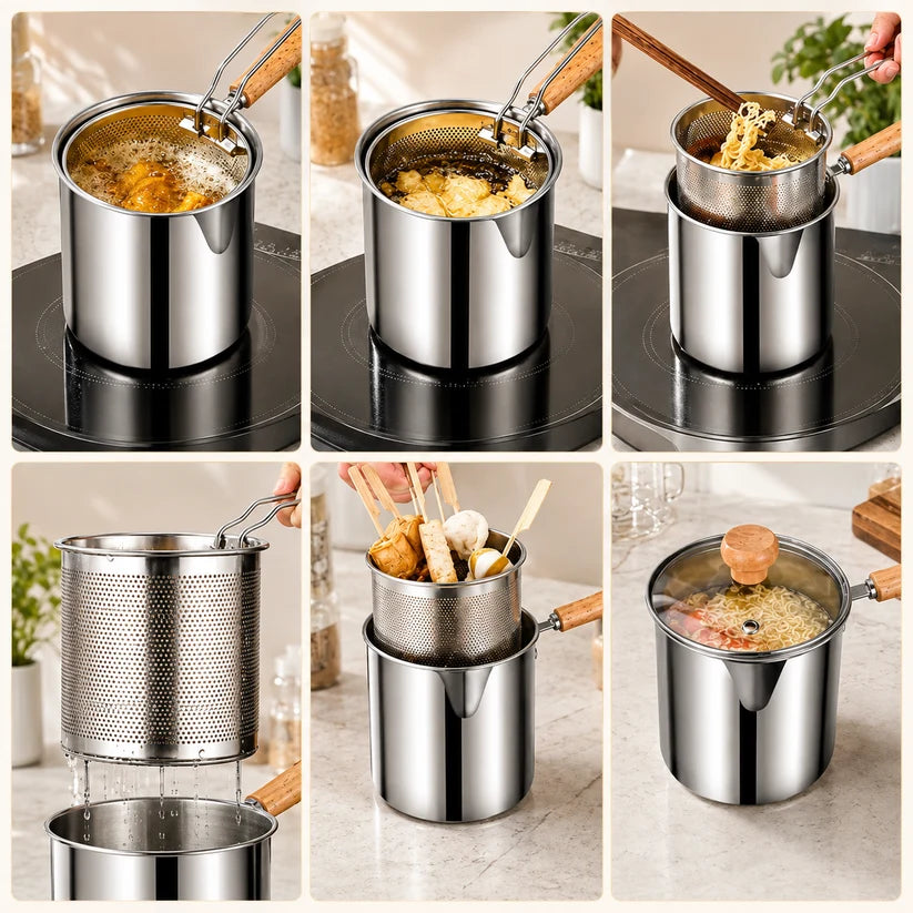 🔥🍟 Personal Mini Deep Fryer Set – Stainless Steel Pot with Lift-Out Draining Basket & Food Tongs