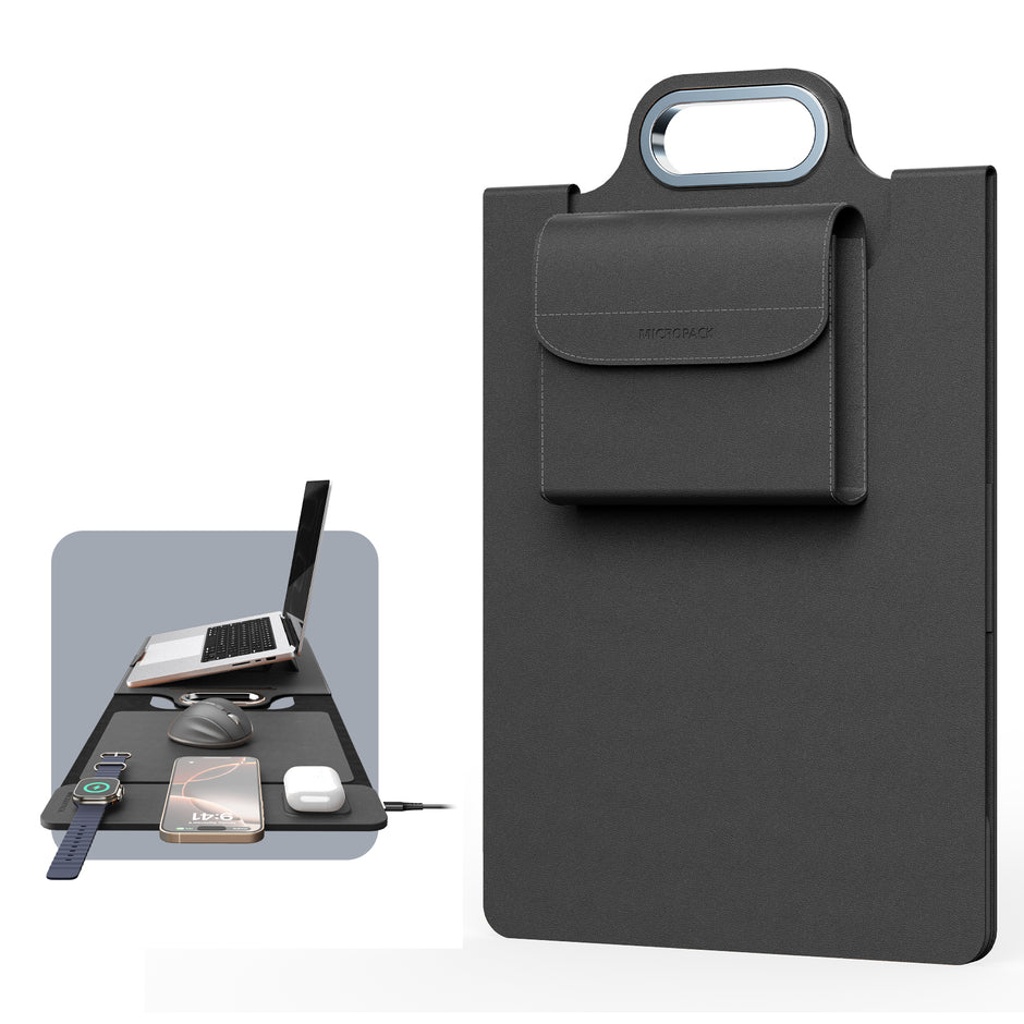 The All-In-One Mobile Workstation Sleeve | Built-In 15W Multi-Device Wireless Charger, Ergonomic Laptop Stand & Mousepad (Fits up to 16")