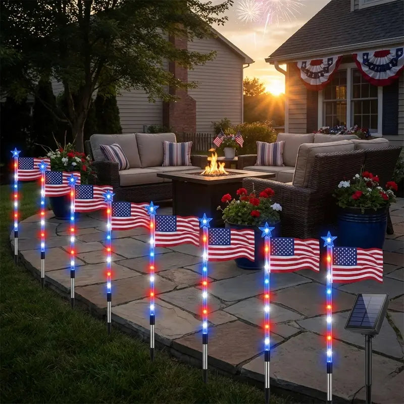 🌈Light Up Your 4th of July – 8-Pack Flag Lights with 8 Stunning Modes for Yard & Pathway