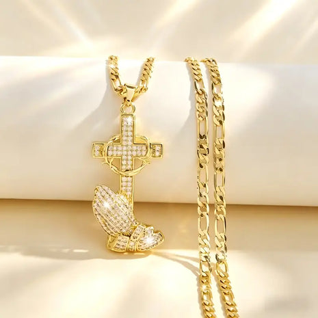 Cross & Prayer Hands Pendant Necklace