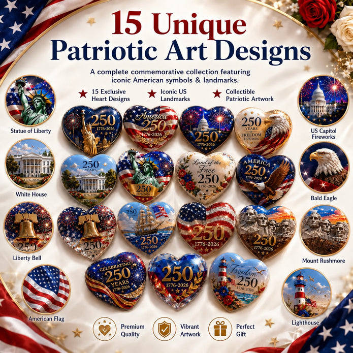 America 250th Anniversary Commemorative Heart Ornaments – 15-Piece Set