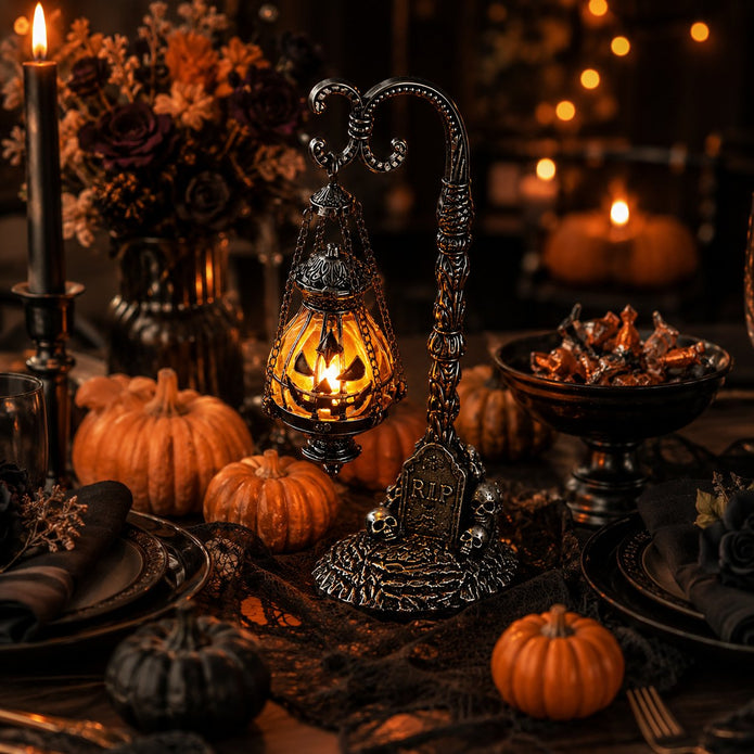 🔥Halloween Promotion -  Gothic Pumpkin Lantern Stand | Warm Orange LED Glow, Victorian Skull Details & Haunted Shelf Decor 🕯️