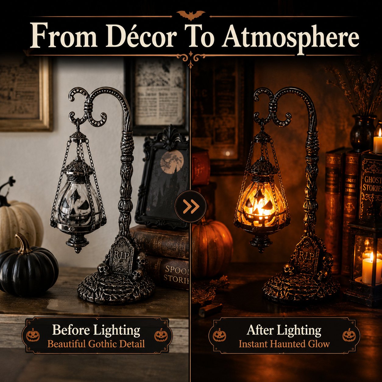 🔥Halloween Promotion -  Gothic Pumpkin Lantern Stand | Warm Orange LED Glow, Victorian Skull Details & Haunted Shelf Decor 🕯️