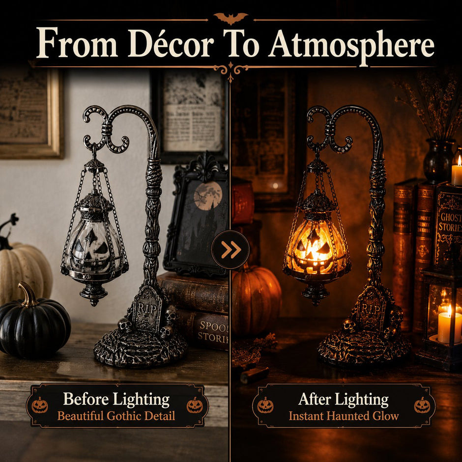 🔥Halloween Promotion -  Gothic Pumpkin Lantern Stand | Warm Orange LED Glow, Victorian Skull Details & Haunted Shelf Decor 🕯️