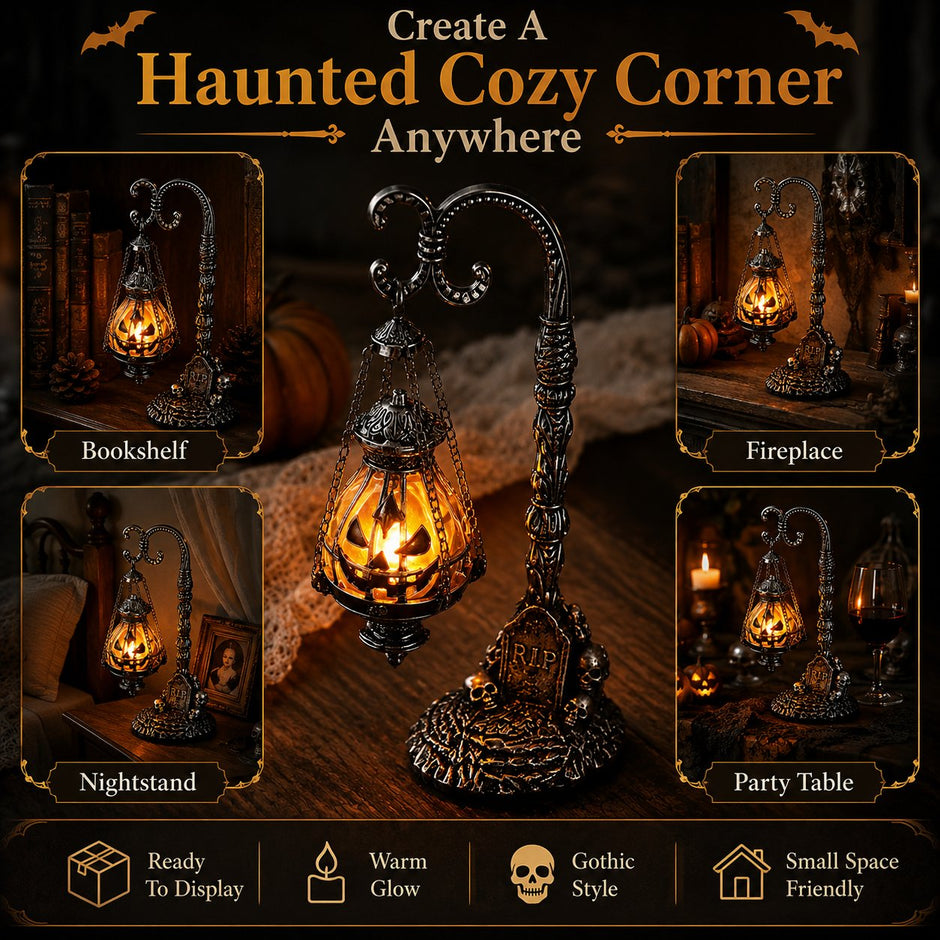 🔥Halloween Promotion -  Gothic Pumpkin Lantern Stand | Warm Orange LED Glow, Victorian Skull Details & Haunted Shelf Decor 🕯️