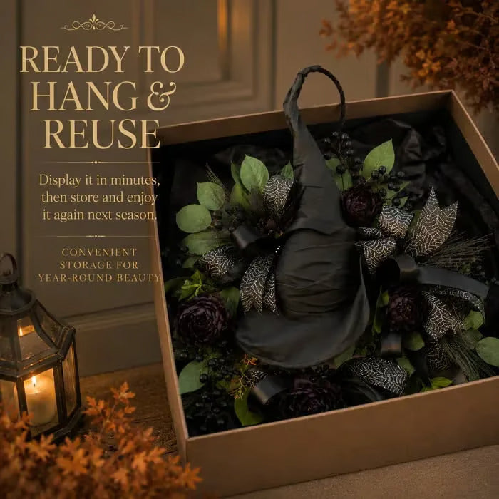 🎉Premium Gothic Black Rose Witch Hat Wreath – Haunting Elegant Halloween Front Door Statement Decor