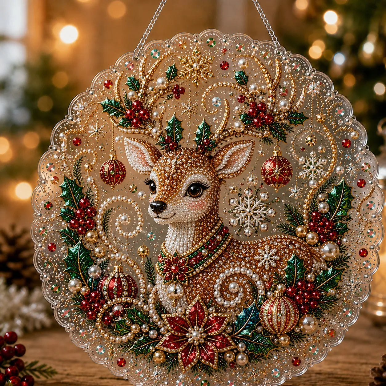🎄Christmas Pearl Diamond Art Hanging Ornament Kit | Luxury Flocked Canvas with Scratch-Resistant Non-Fading Pearl Beads DIY Handmade Holiday Hanging Decor 🎅💎