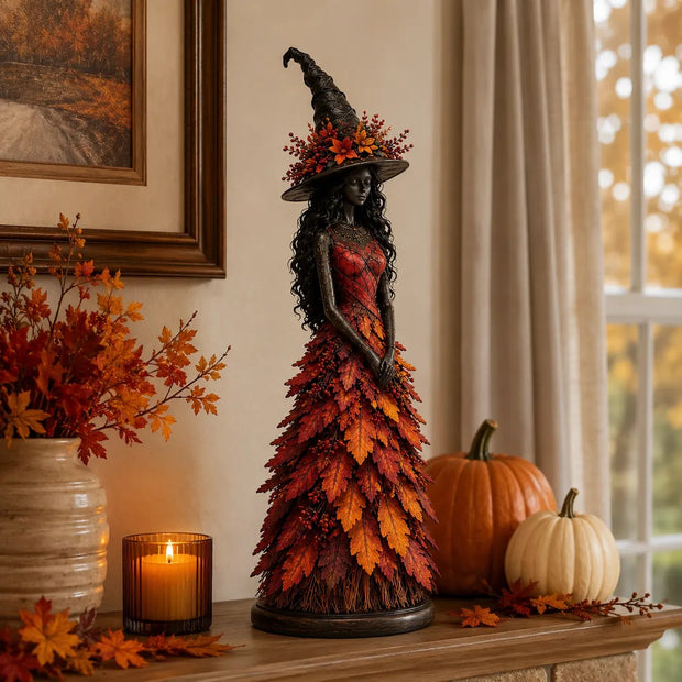🔥Halloween Promotion -  Vintage Autumn Witch Statue - Layered Leaf Gown Tabletop Decor 🎃