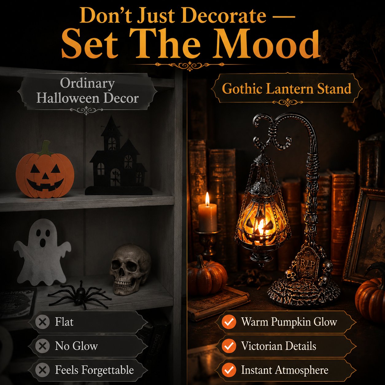🔥Halloween Promotion -  Gothic Pumpkin Lantern Stand | Warm Orange LED Glow, Victorian Skull Details & Haunted Shelf Decor 🕯️