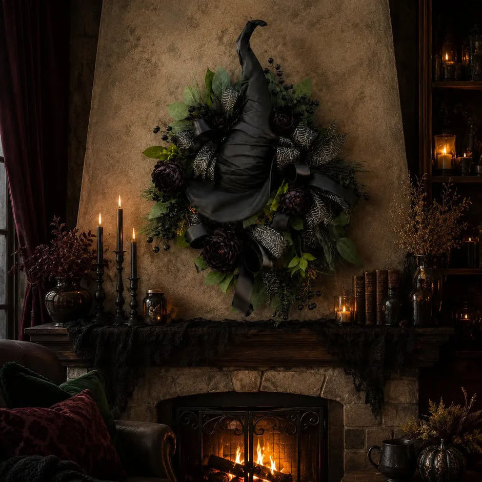 🎉Premium Gothic Black Rose Witch Hat Wreath – Haunting Elegant Halloween Front Door Statement Decor