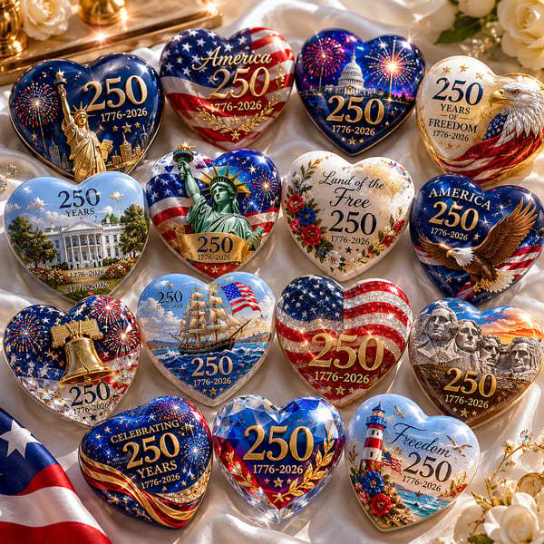 America 250th Anniversary Commemorative Heart Ornaments – 15-Piece Set