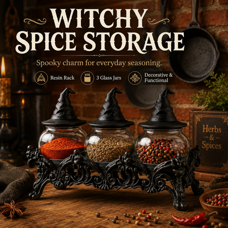 🔥Halloween Promotion - 🧙‍♀️Witch-Hat Gothic Spice Jar Set — Ornate Resin Rack + 3 Glass Jars