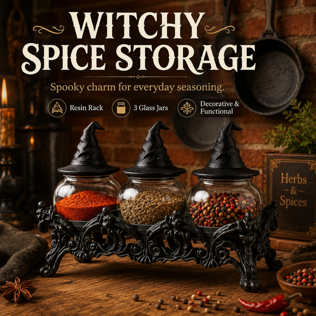 🔥Halloween Promotion - 🧙‍♀️Witch-Hat Gothic Spice Jar Set — Ornate Resin Rack + 3 Glass Jars
