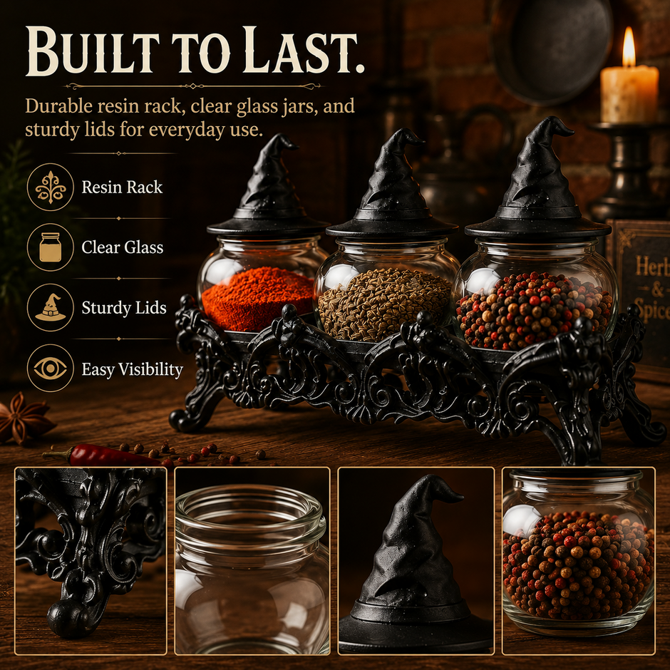 🔥Halloween Promotion - 🧙‍♀️Witch-Hat Gothic Spice Jar Set — Ornate Resin Rack + 3 Glass Jars