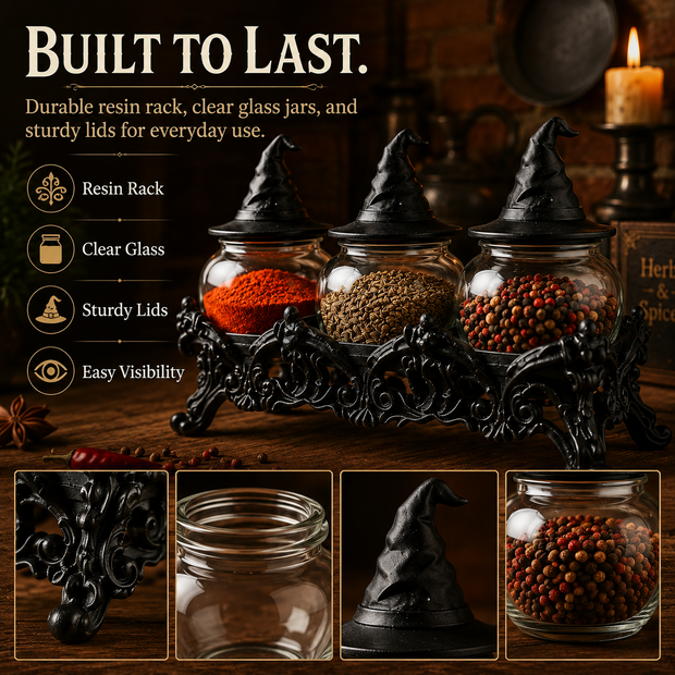 🔥Halloween Promotion - 🧙‍♀️Witch-Hat Gothic Spice Jar Set — Ornate Resin Rack + 3 Glass Jars