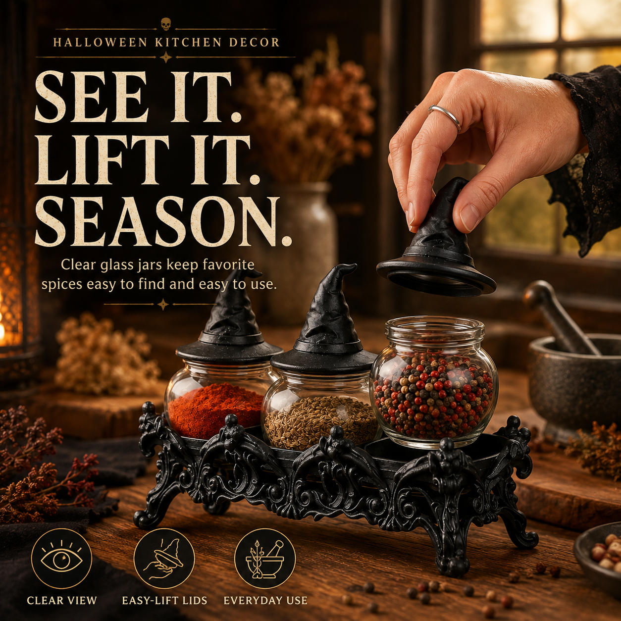 🔥Halloween Promotion - 🧙‍♀️Witch-Hat Gothic Spice Jar Set — Ornate Resin Rack + 3 Glass Jars