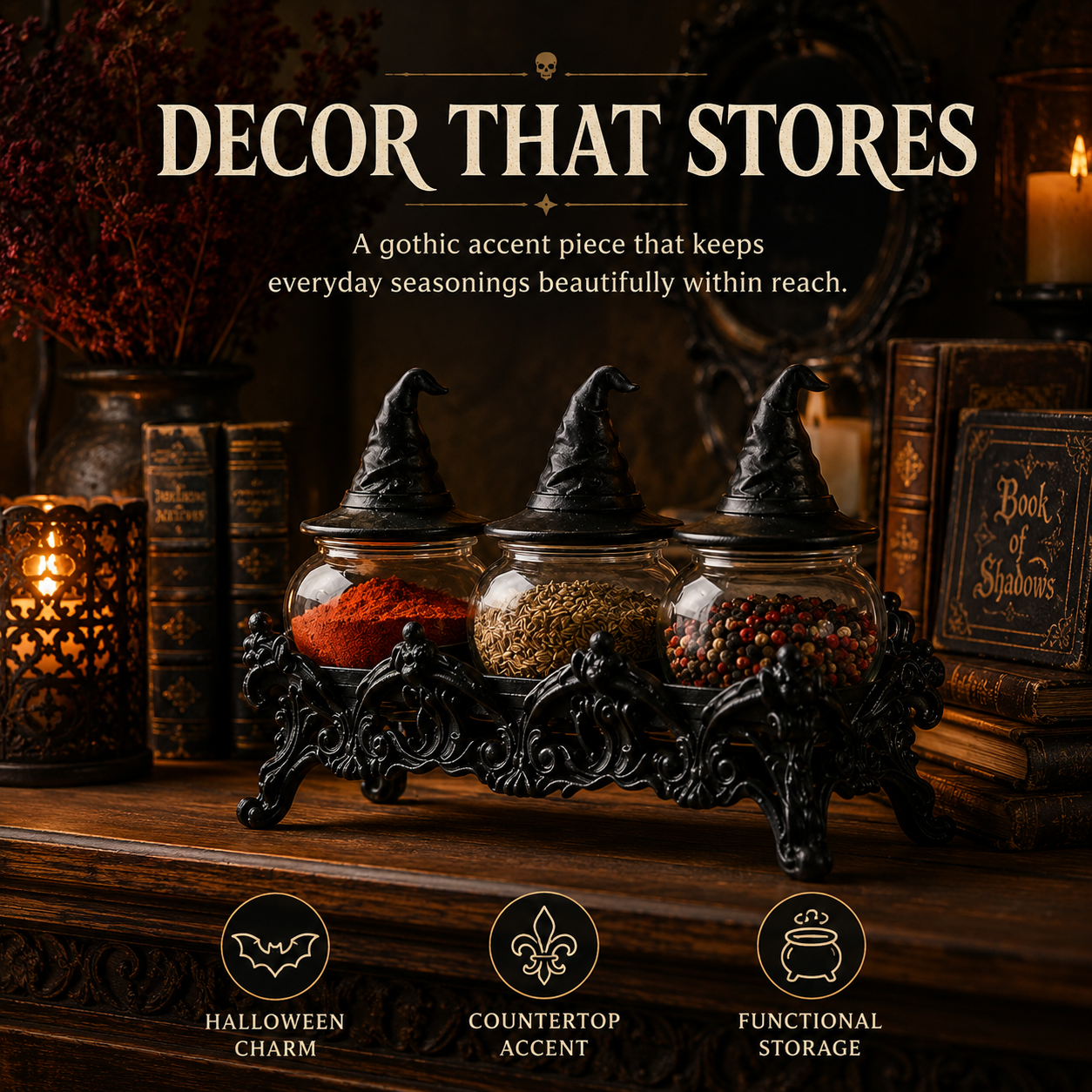 🔥Halloween Promotion - 🧙‍♀️Witch-Hat Gothic Spice Jar Set — Ornate Resin Rack + 3 Glass Jars