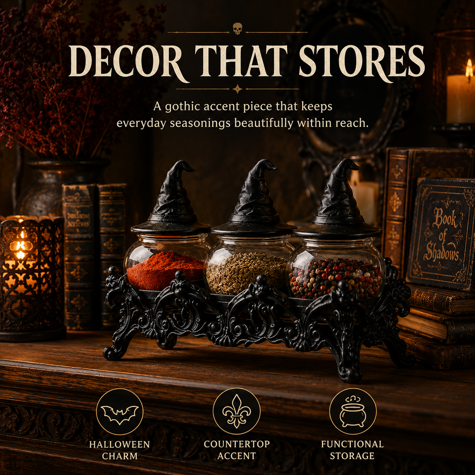 🔥Halloween Promotion - 🧙‍♀️Witch-Hat Gothic Spice Jar Set — Ornate Resin Rack + 3 Glass Jars
