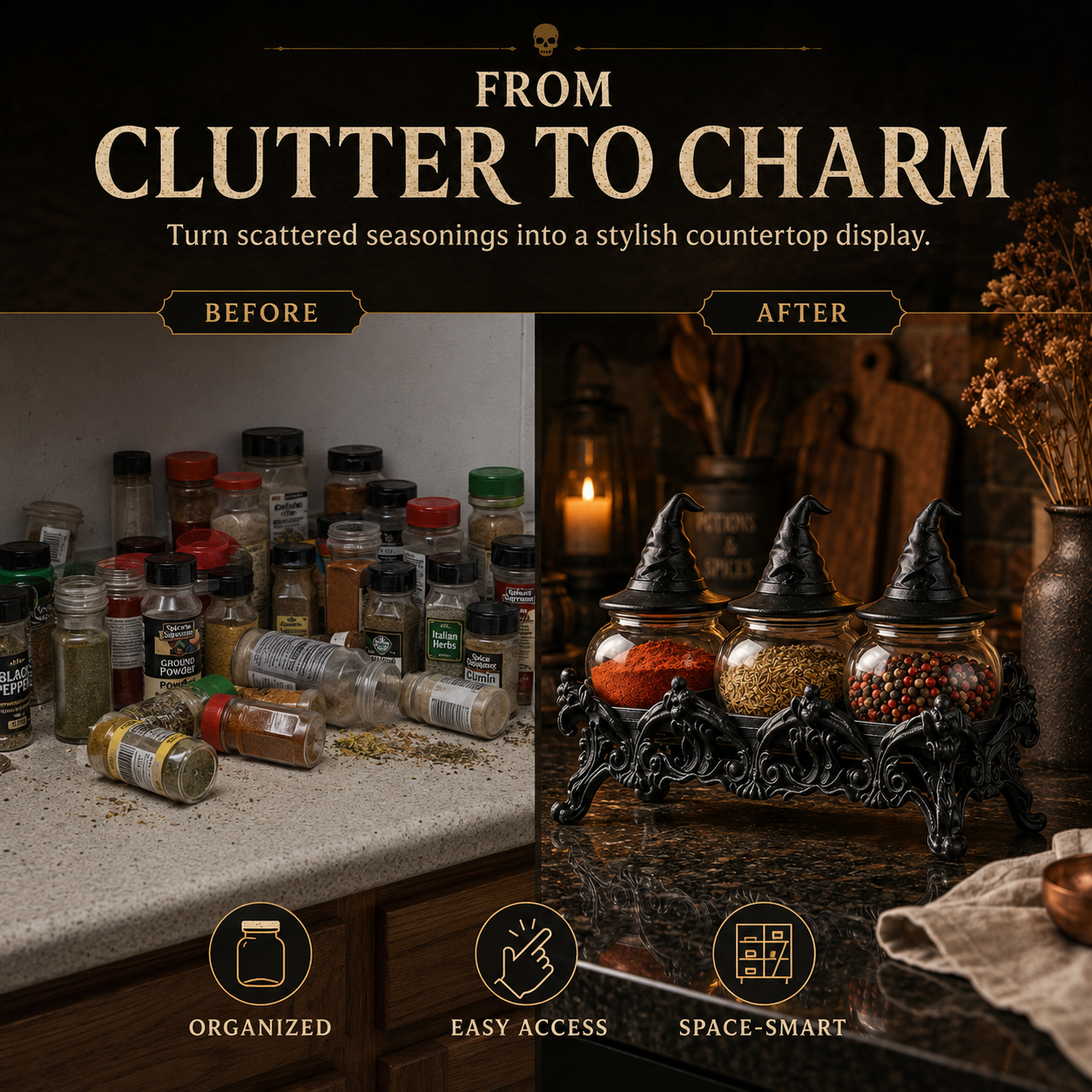 🔥Halloween Promotion - 🧙‍♀️Witch-Hat Gothic Spice Jar Set — Ornate Resin Rack + 3 Glass Jars