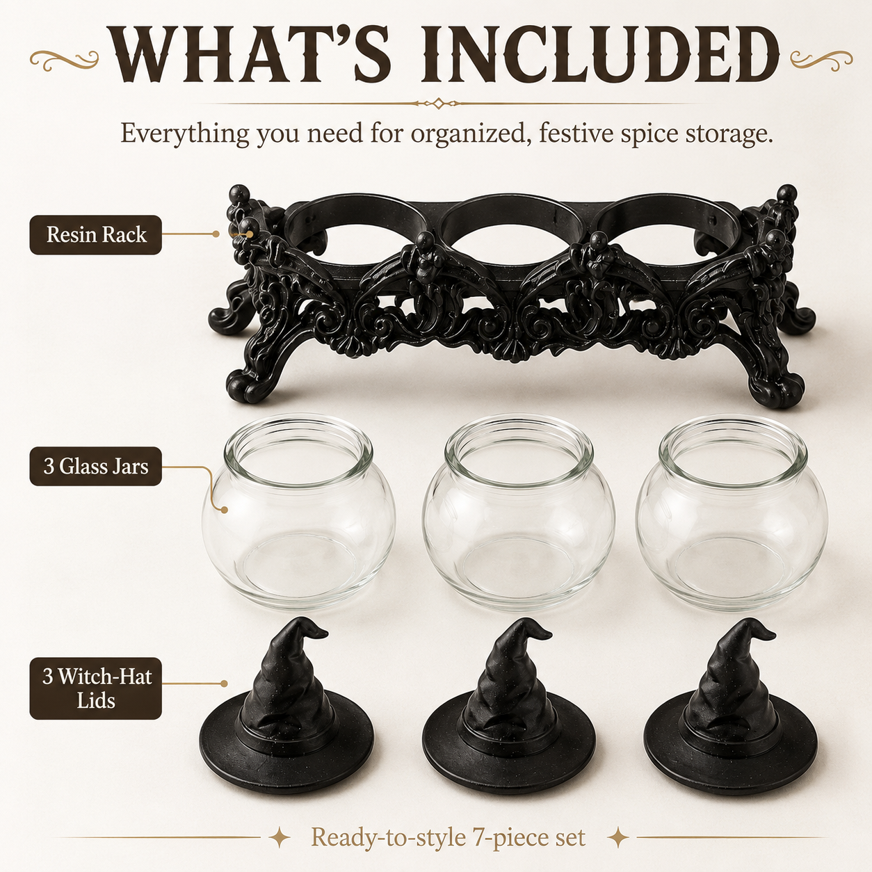 🔥Halloween Promotion - 🧙‍♀️Witch-Hat Gothic Spice Jar Set — Ornate Resin Rack + 3 Glass Jars