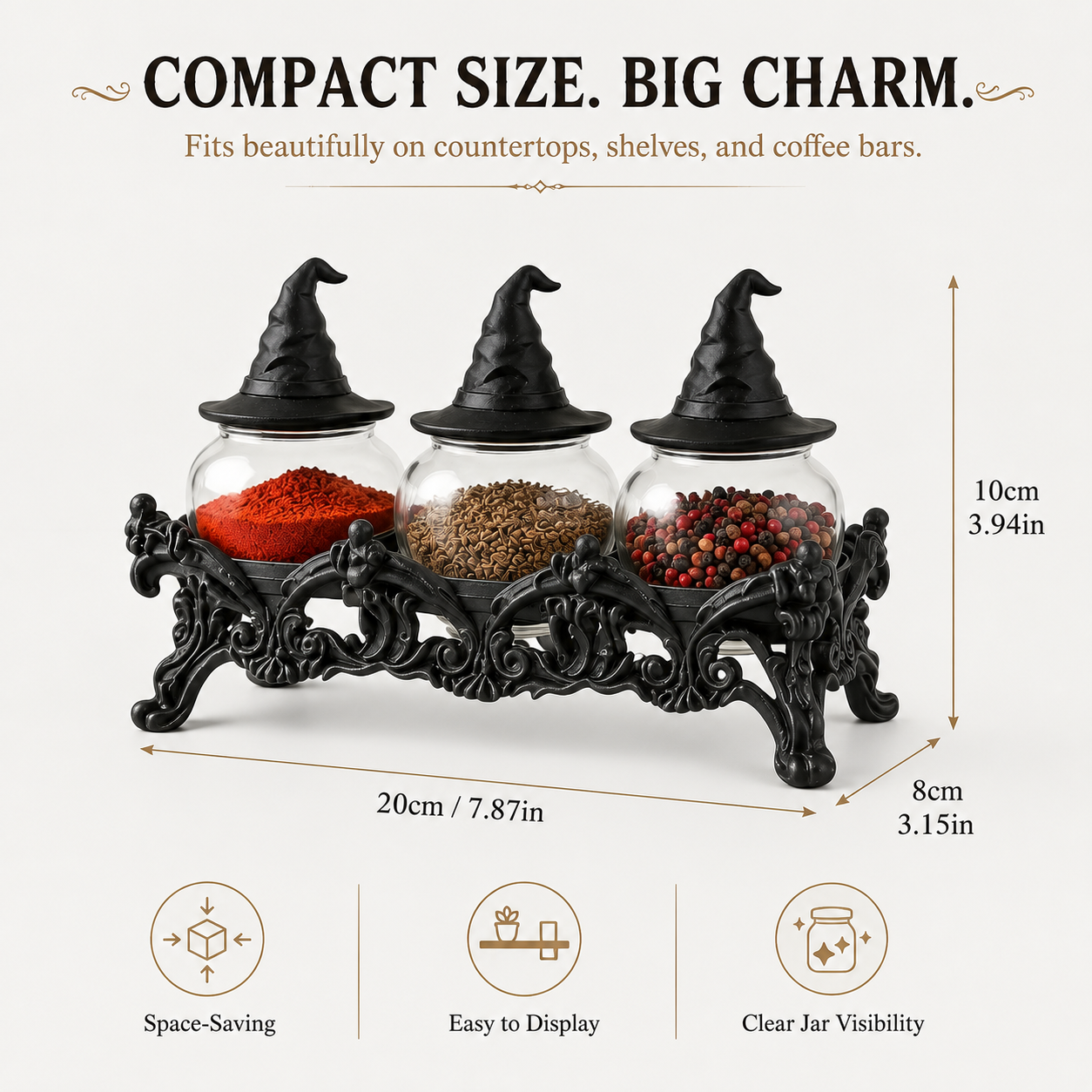 🔥Halloween Promotion - 🧙‍♀️Witch-Hat Gothic Spice Jar Set — Ornate Resin Rack + 3 Glass Jars