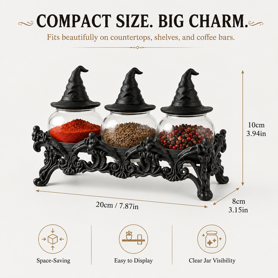 🔥Halloween Promotion - 🧙‍♀️Witch-Hat Gothic Spice Jar Set — Ornate Resin Rack + 3 Glass Jars