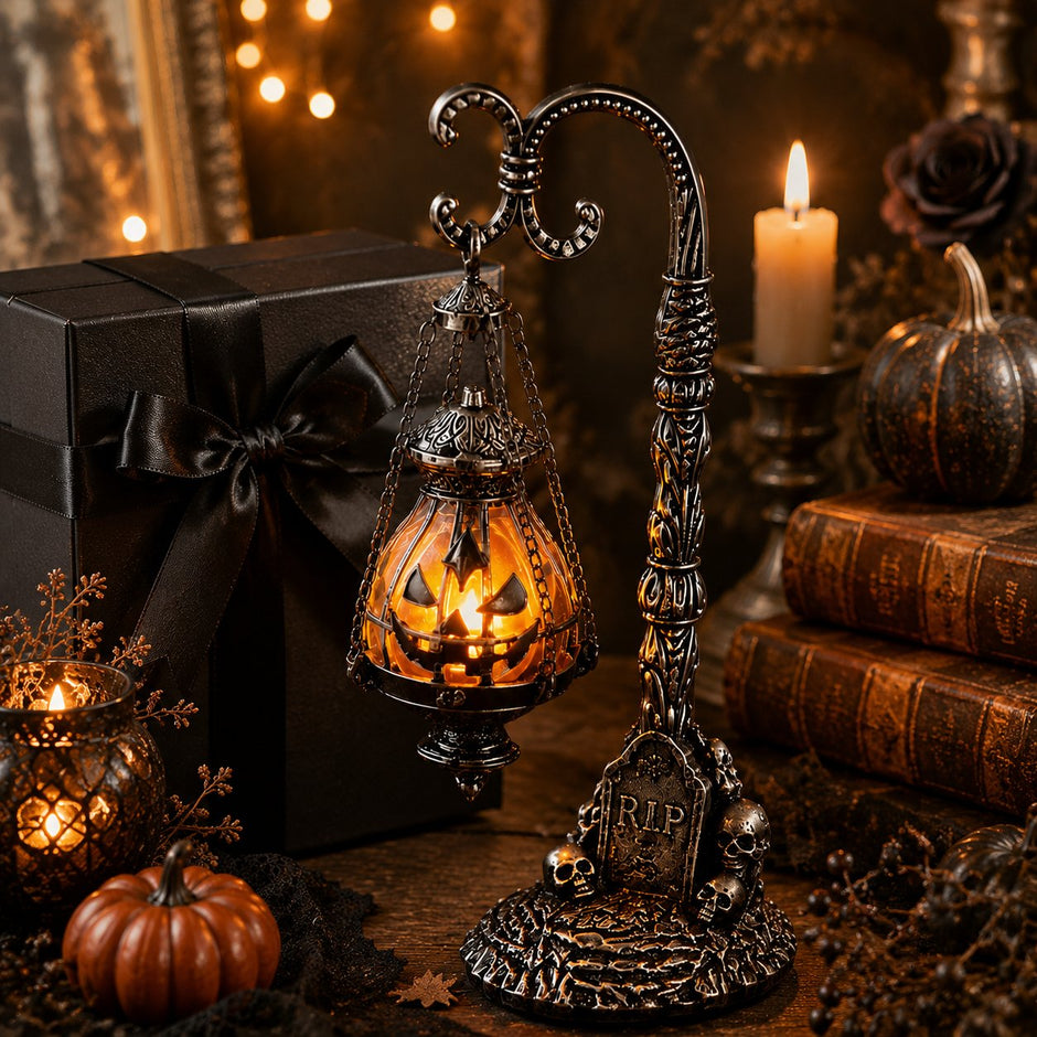 🔥Halloween Promotion -  Gothic Pumpkin Lantern Stand | Warm Orange LED Glow, Victorian Skull Details & Haunted Shelf Decor 🕯️