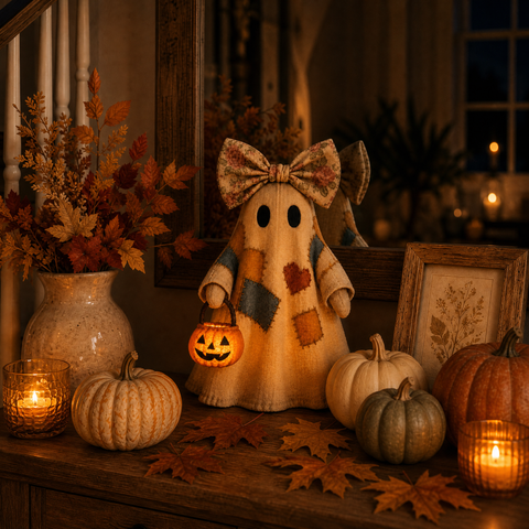 🔥Halloween Promotion -  - 👻🎃 Vintage Patchwork Ghost Decor(✨ LED Pumpkin Lantern}