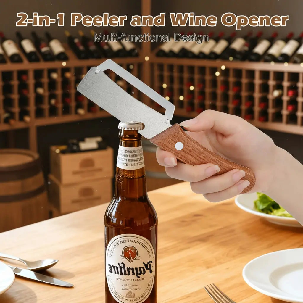 Multi Functional Vegetable Peeler for Kitchen,Wooden Handle, Potato Fruit Peeler with Bottle Opener Function, Durable Kitchen Helper