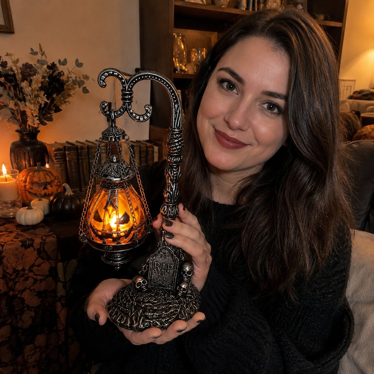 🔥Halloween Promotion -  Gothic Pumpkin Lantern Stand | Warm Orange LED Glow, Victorian Skull Details & Haunted Shelf Decor 🕯️