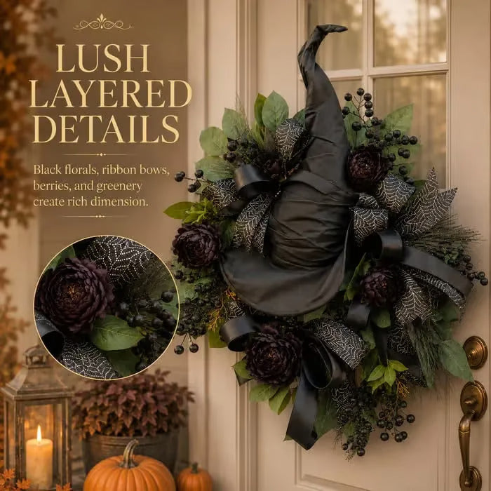 🎉Premium Gothic Black Rose Witch Hat Wreath – Haunting Elegant Halloween Front Door Statement Decor
