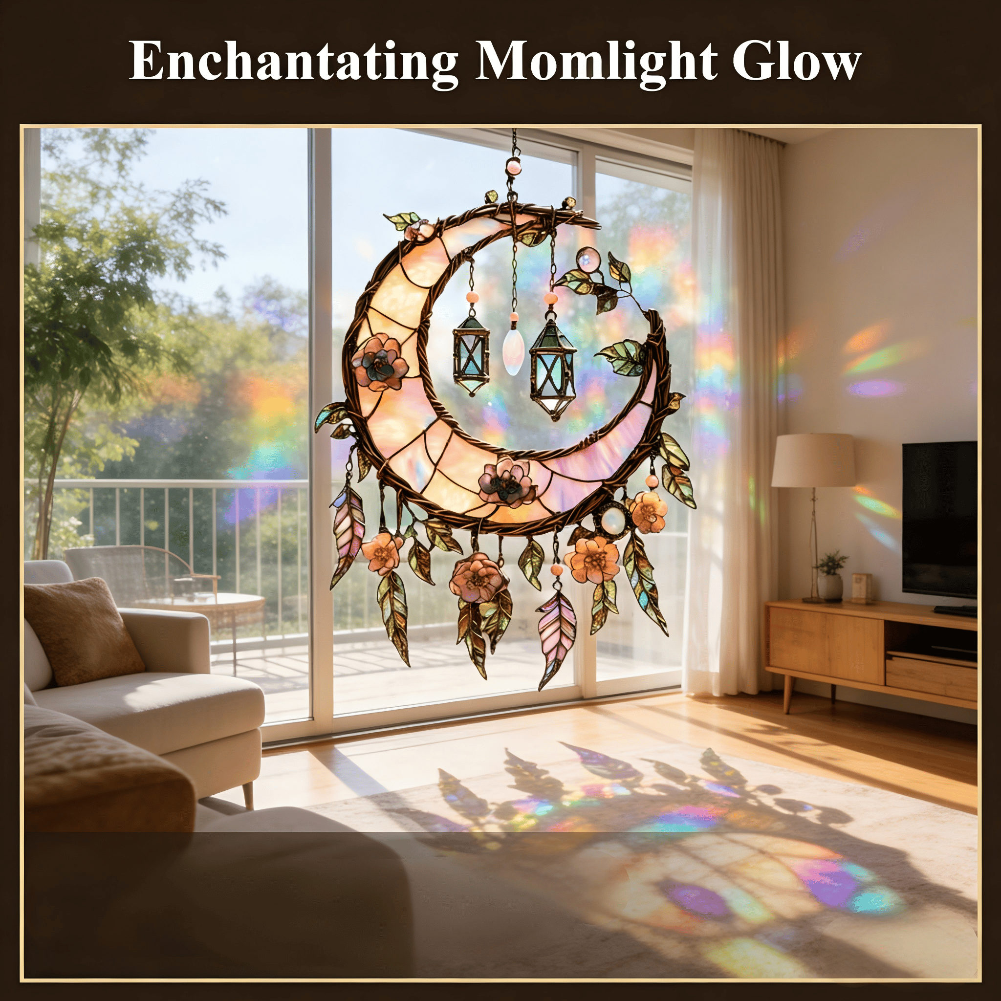 🌙Hand-Painted Moon and Floral Window Decor💖