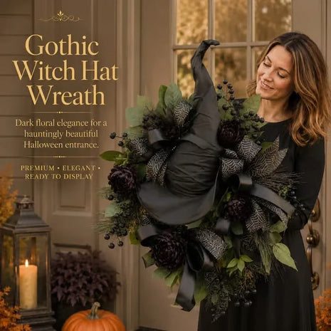 🎉Premium Gothic Black Rose Witch Hat Wreath – Haunting Elegant Halloween Front Door Statement Decor