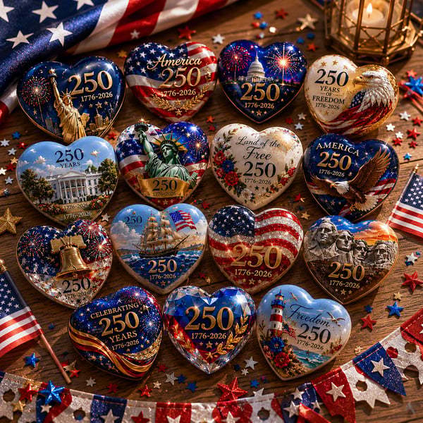 America 250th Anniversary Commemorative Heart Ornaments – 15-Piece Set