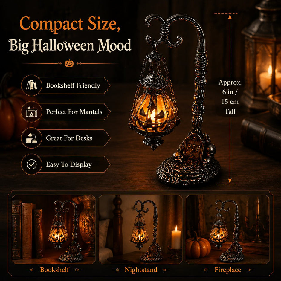 🔥Halloween Promotion -  Gothic Pumpkin Lantern Stand | Warm Orange LED Glow, Victorian Skull Details & Haunted Shelf Decor 🕯️