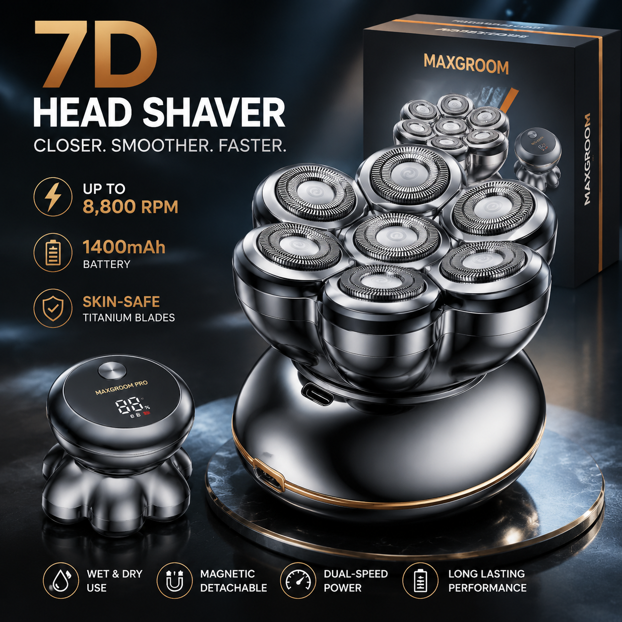 🪒 7D Electric Head Shaver for Men | Wet & Dry Rotary Razor