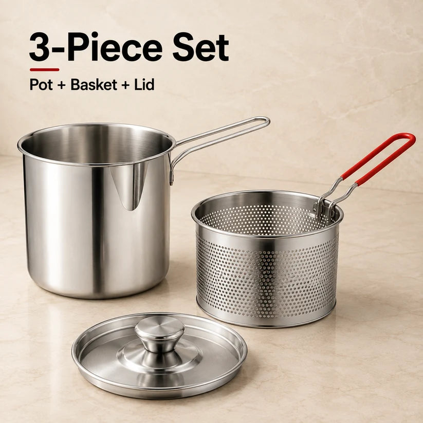 🔥🍟 Personal Mini Deep Fryer Set – Stainless Steel Pot with Lift-Out Draining Basket & Food Tongs