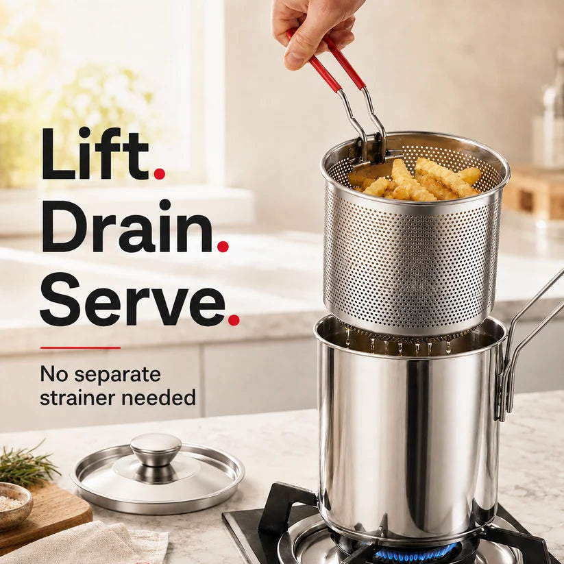 🔥🍟 Personal Mini Deep Fryer Set – Stainless Steel Pot with Lift-Out Draining Basket & Food Tongs