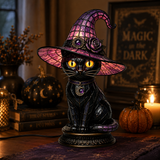 🔥Halloween Promotion - 🐈 Gothic Stained Glass Witch Black Cat Table Lamp | Halloween Witch Hat Night Light Decor
